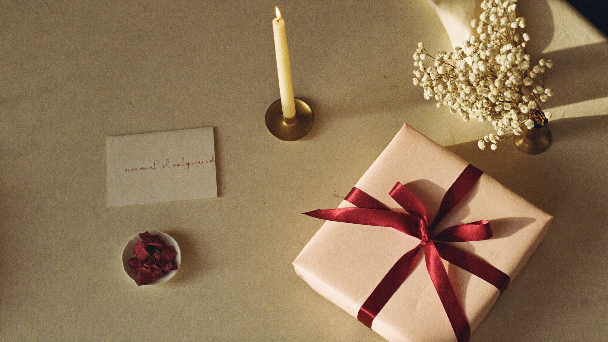 A beautifully wrapped gift with candle and florals